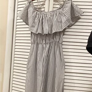 H&M Off the Shoulder Gray and White Striped Jumpsuit
